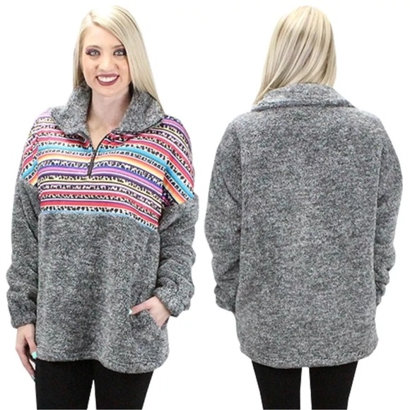 Sunshine & Rodeos Gray Fleece Southwestern Aztec Print Oversized Pullover Small - Picture 1 of 10